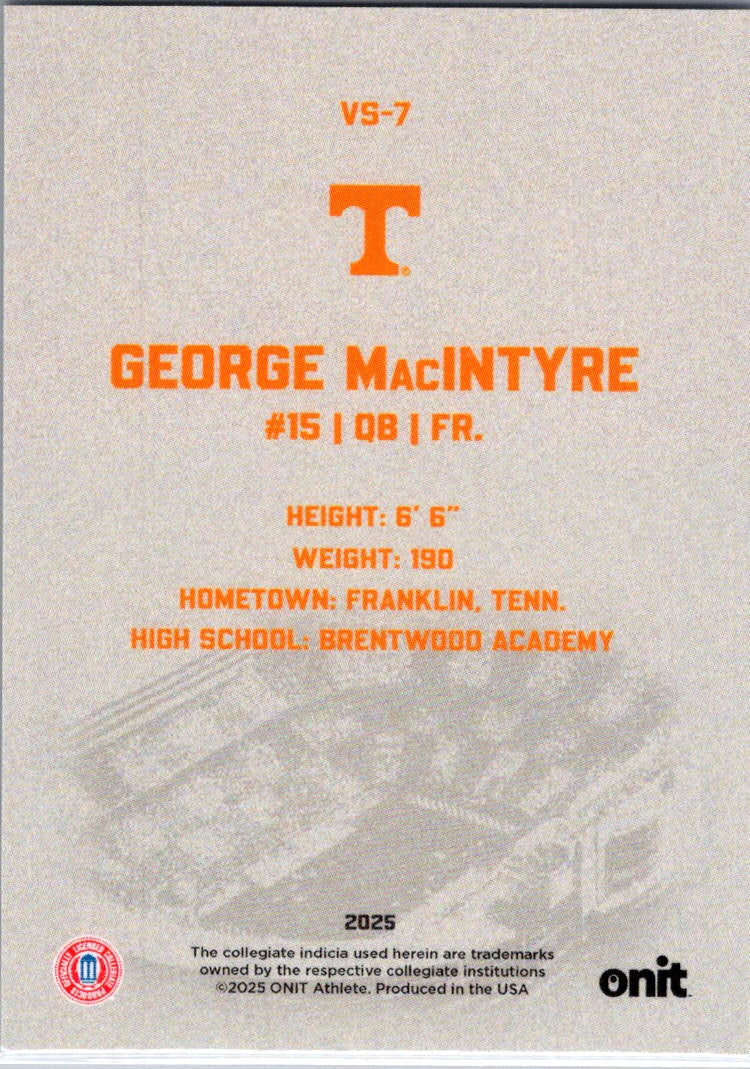 2025 ONIT Athlete Tennessee Volunteers George MacIntyre #VS-7