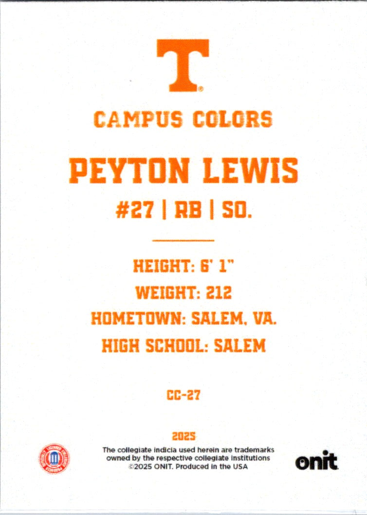 2025 ONIT Gameday Tennessee Volunteers Campus Colors Peyton Lewis #CC-27