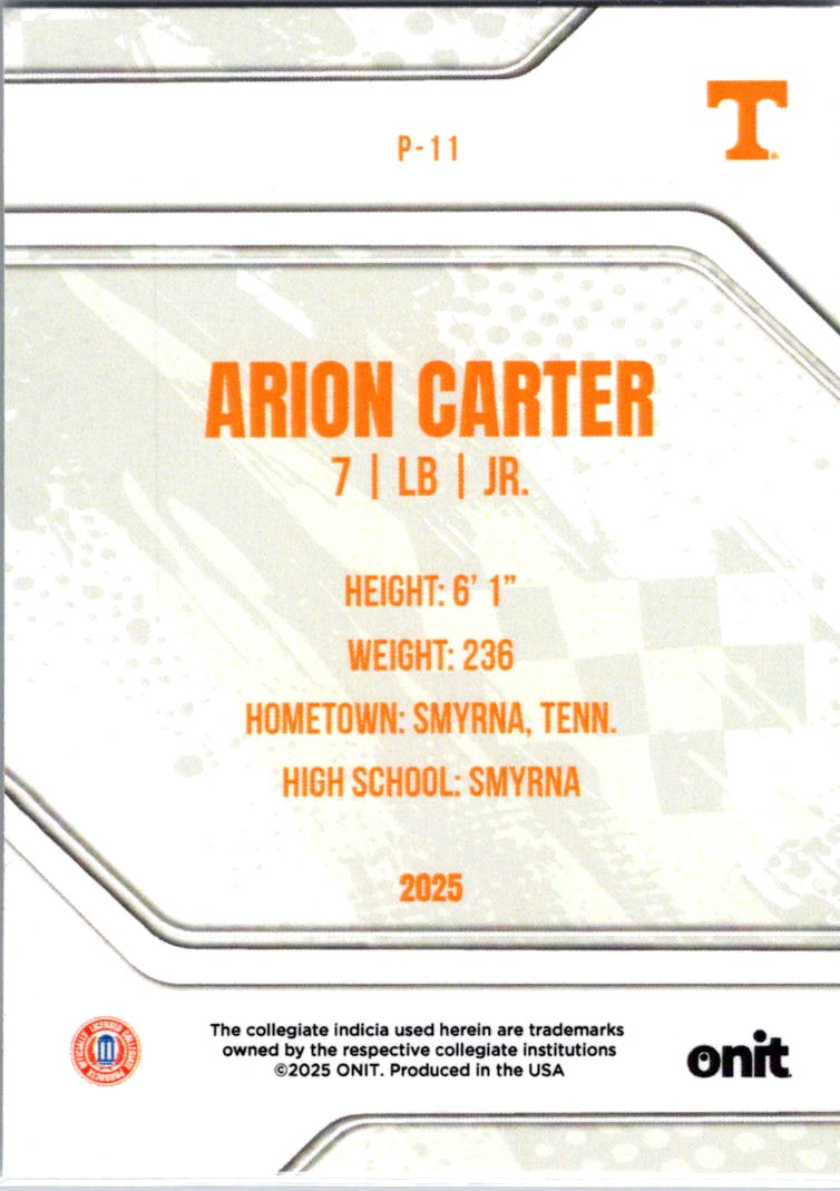 2025 Onit Tennessee Volunteers Arion Carter #P-11