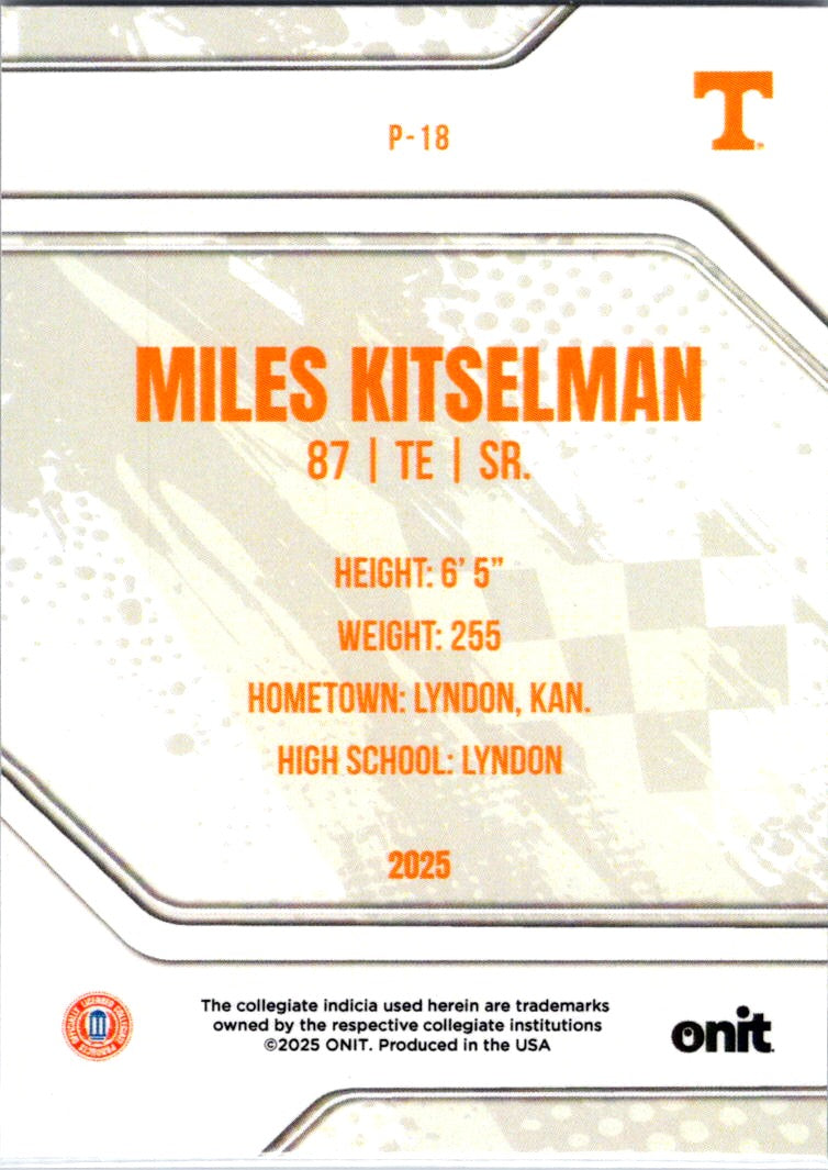 2025 Onit Tennessee Football Miles Kitselman #P-18