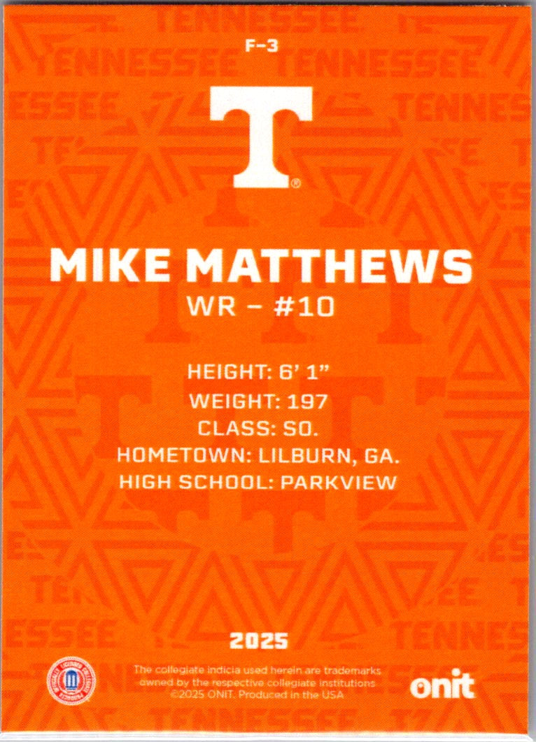 2025 ONIT Tennessee Volunteers Mike Matthews #F-3