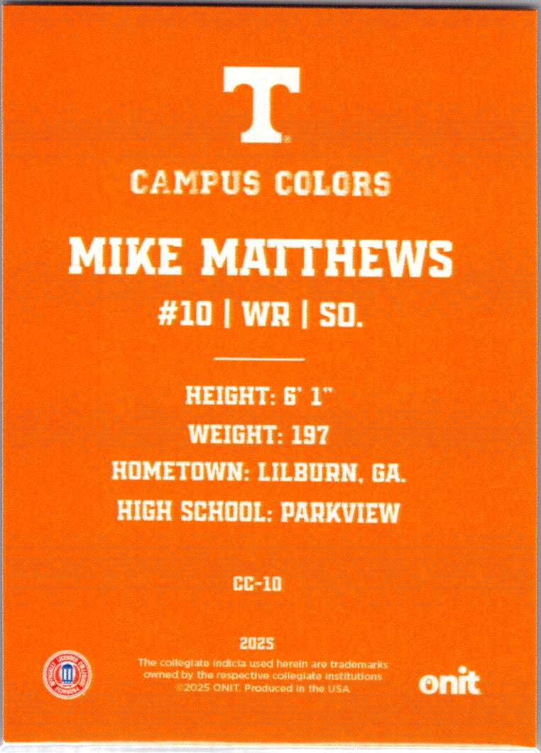 2025 ONIT Tennessee Volunteers Mike Matthews #CC-10 Campus Colors