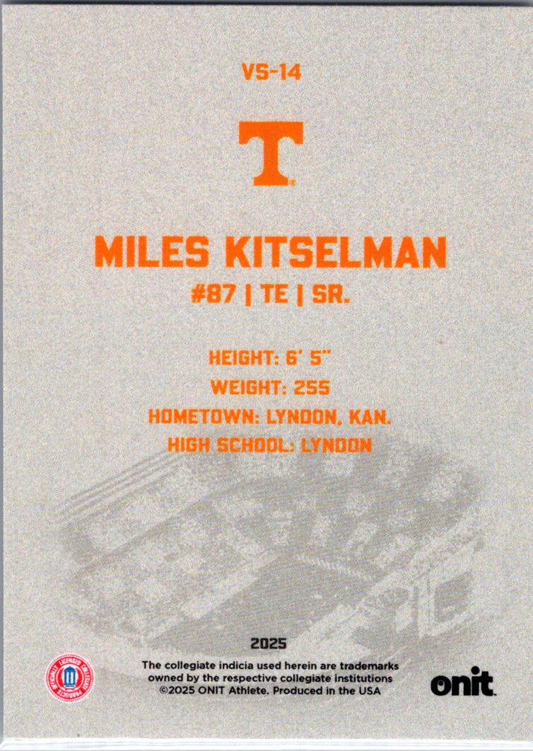 2025 ONIT Tennessee Volunteers Miles Kitselman #VS-14