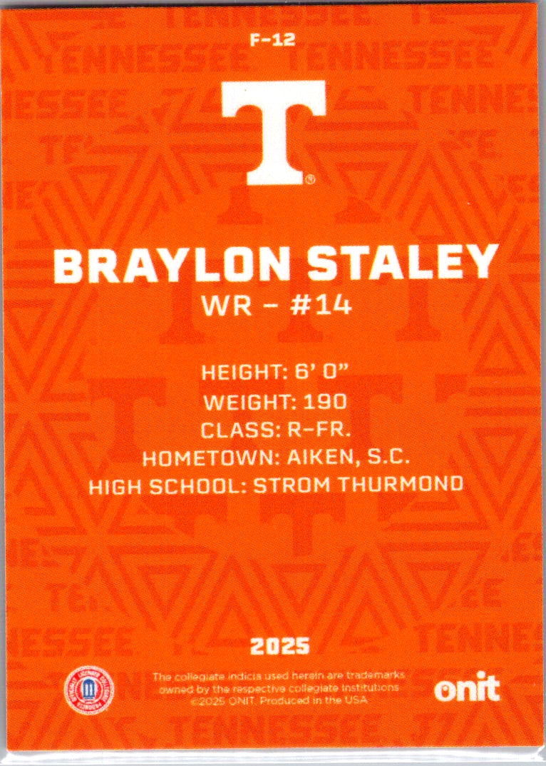 2025 ONIT Athlete Tennessee Volunteers Football Braylon Staley #F-12