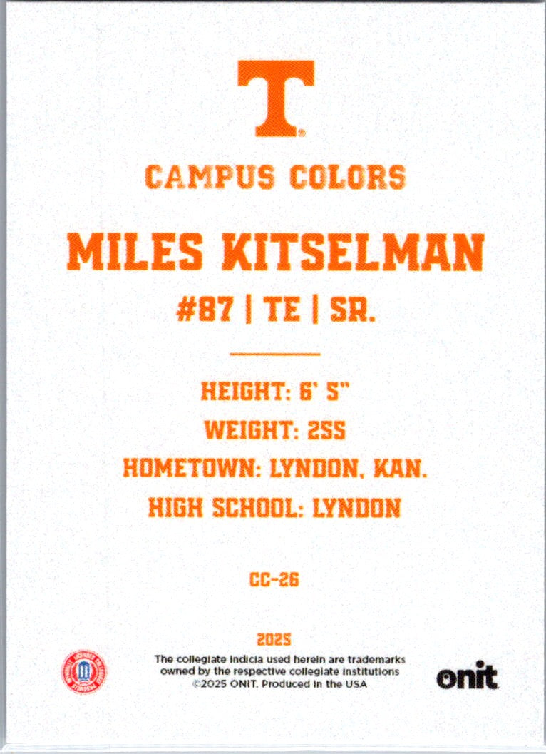2025 ONIT Athlete Tennessee Volunteers Campus Colors Miles Kitselman #CC-26
