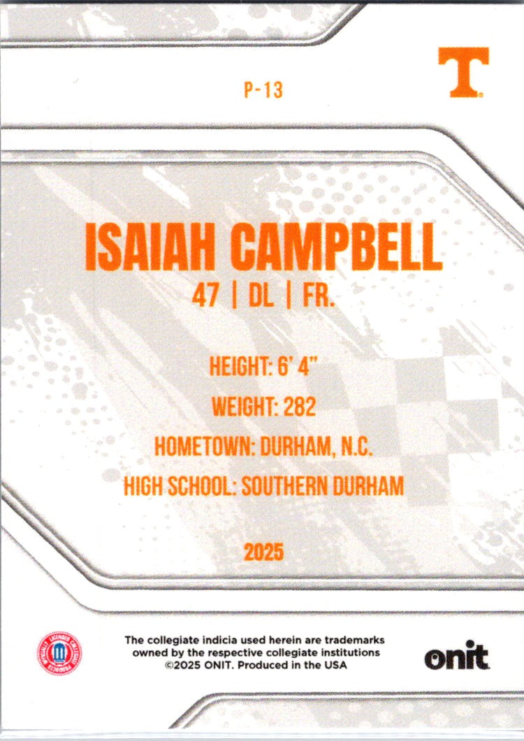 2025 Onit Tennessee Volunteers Isaiah Campbell #P-13 /25