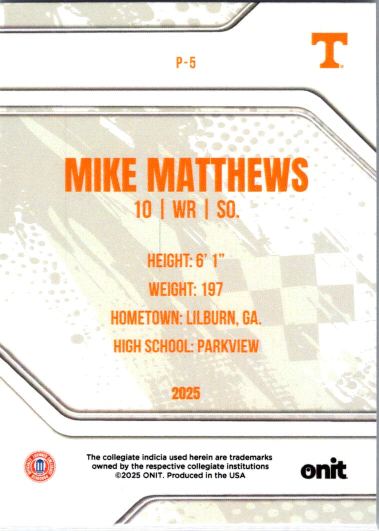 2025 ONIT Tennessee Volunteers Mike Matthews #P-5