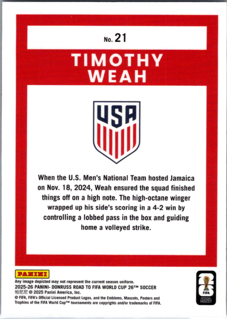 2025 Panini Donruss Optic Road to FIFA World Cup 26 Timothy Weah #21