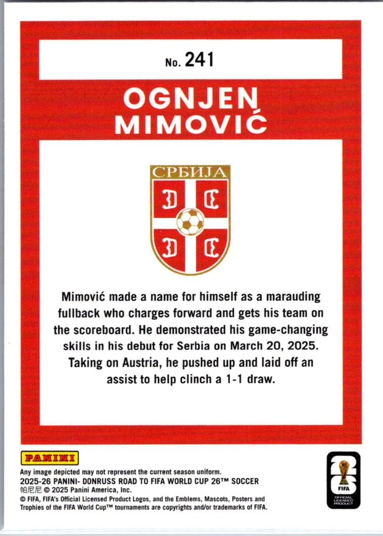 2025 Panini Donruss Road to FIFA World Cup 26 Soccer Ognjen Mimović #241 Rookie