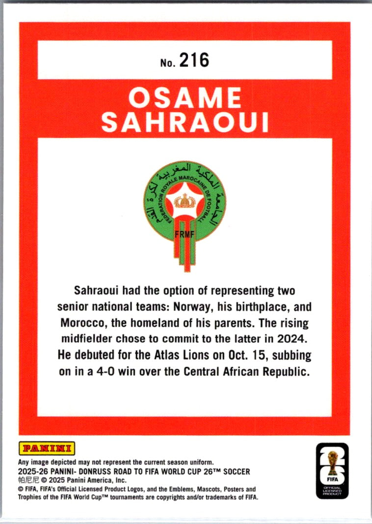 2025 Panini Donruss Road to FIFA World Cup 26 Soccer Osame Sahraoui #216