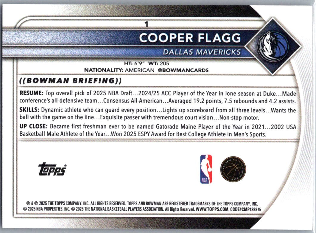 2025 Bowman Cooper Flagg #1 RC