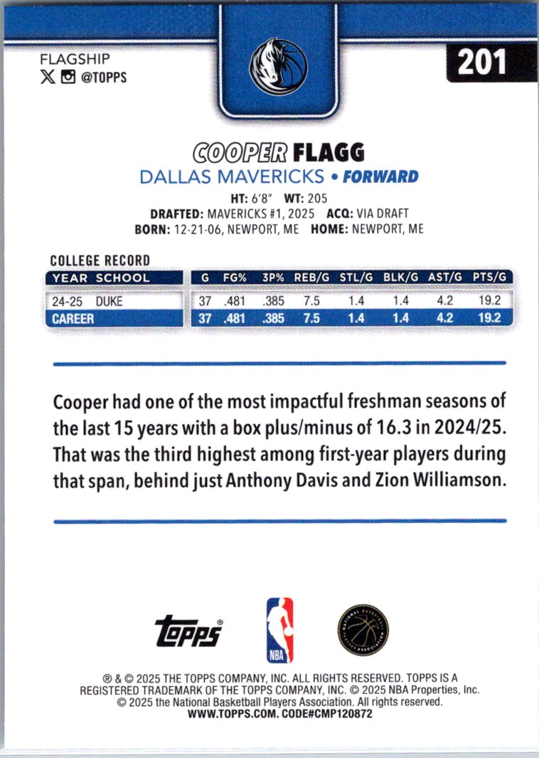 2025 Topps Cooper Flagg #201 RC