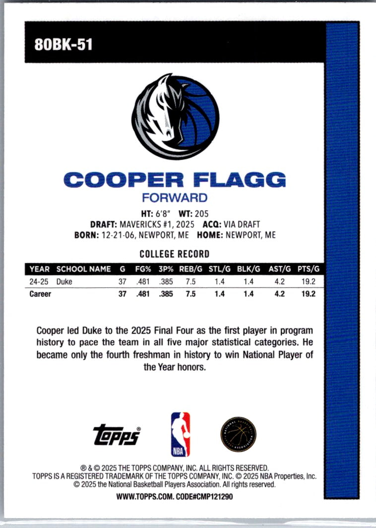2025 Topps Cooper Flagg #80BK-51 RC