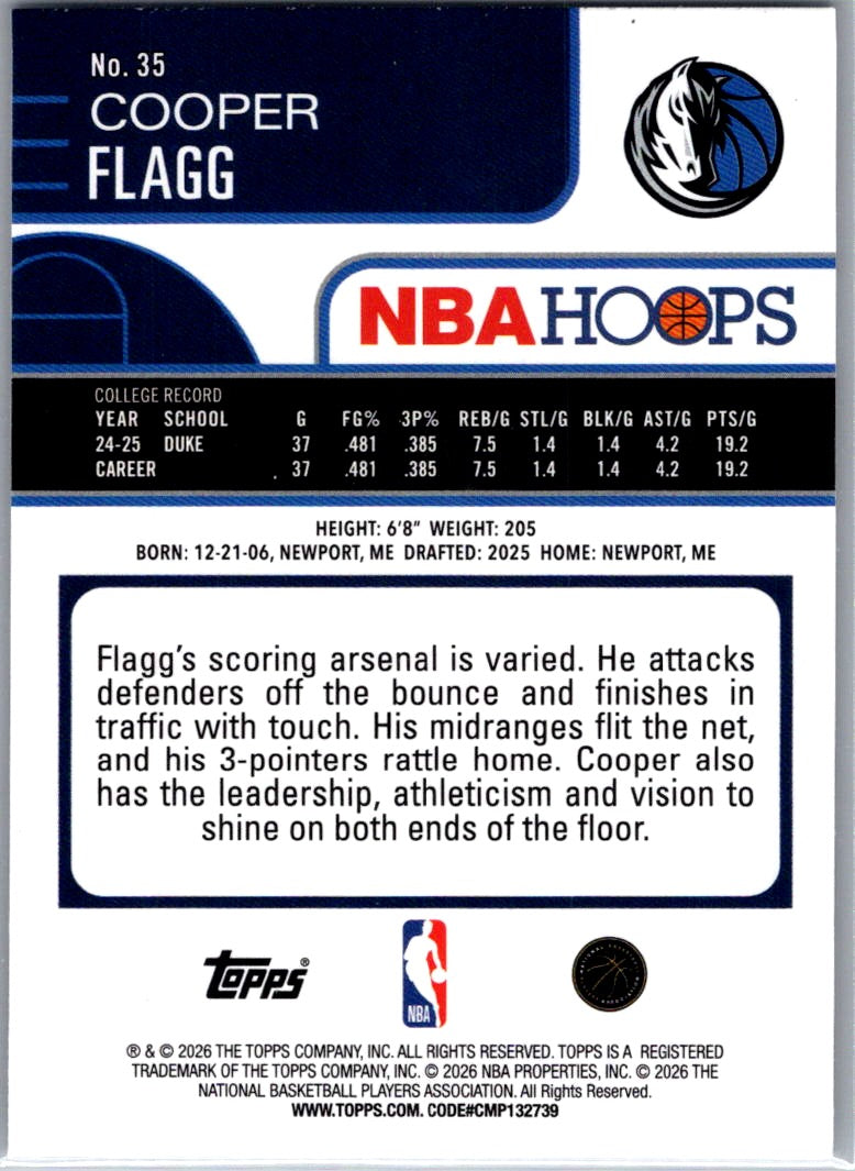 2026 Topps NBA Hoops Cooper Flagg #35 RC