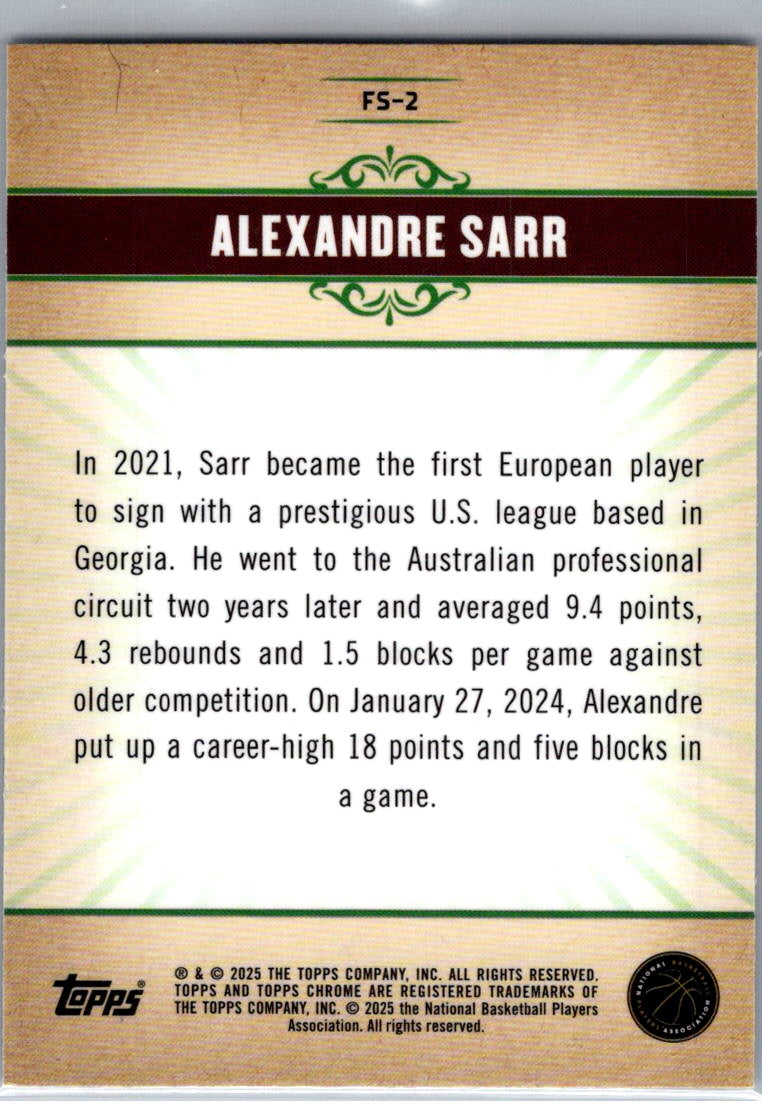 2025 Topps Chrome Alexandre Sarr #FS-2 RC