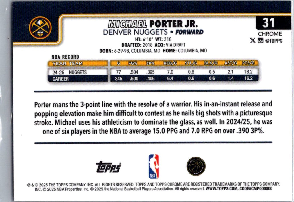 2025 Topps Chrome Michael Porter Jr. #31 Basketball Refractor