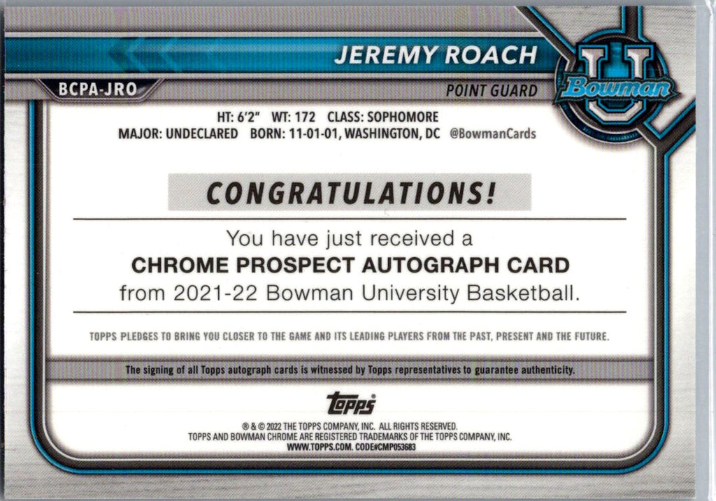 2022 Bowman University Chrome Jeremy Roach #BCPA-JRO Auto