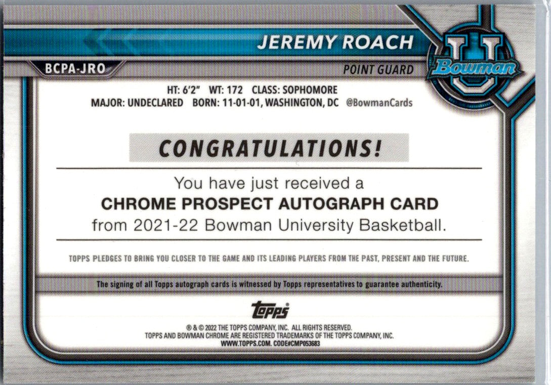 2022 Bowman University Chrome Jeremy Roach #BCPA-JRO Auto
