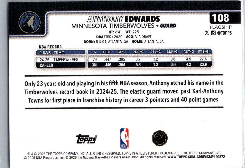 2025 Topps Basketball Anthony Edwards #108 Sandglitter