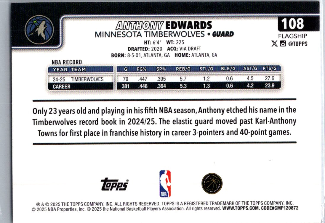 2025 Topps Basketball Anthony Edwards #108 Sandglitter