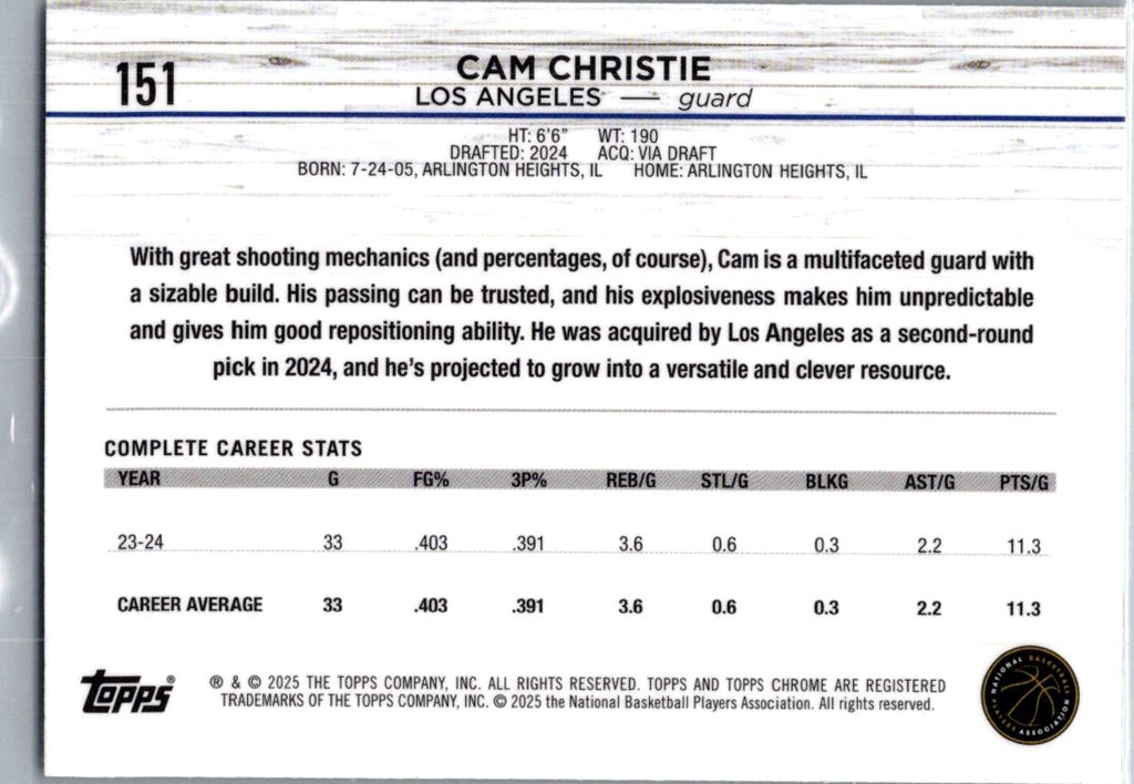 2025 Chrome Basketball Cam Christie #151 Topps Logo Green RC