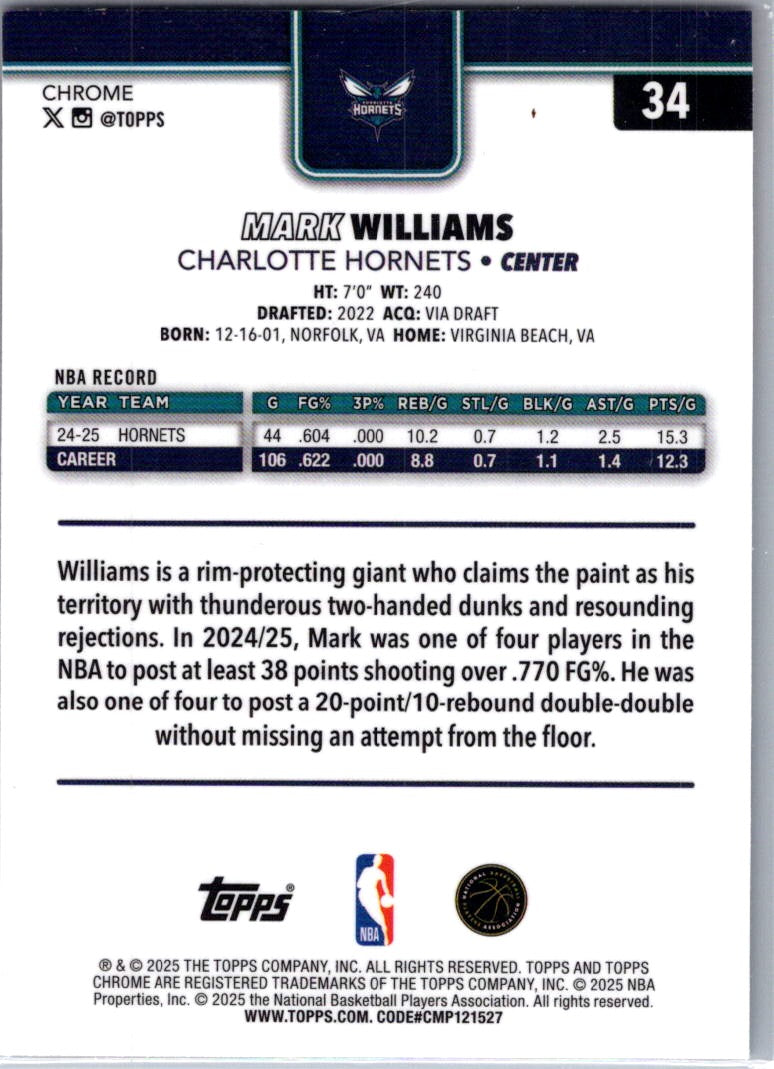 2025 Topps Chrome Basketball Mark Williams #34 Red White & Blue