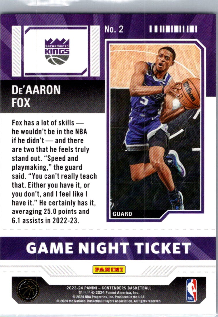 2023 Panini Contenders Basketball De'Aaron Fox #2 Game Night Ticket