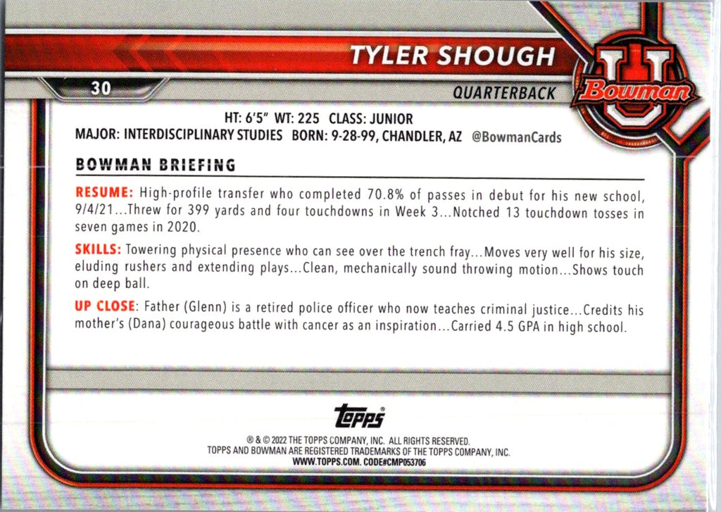 2022 Bowman University Football Tyler Shough #30