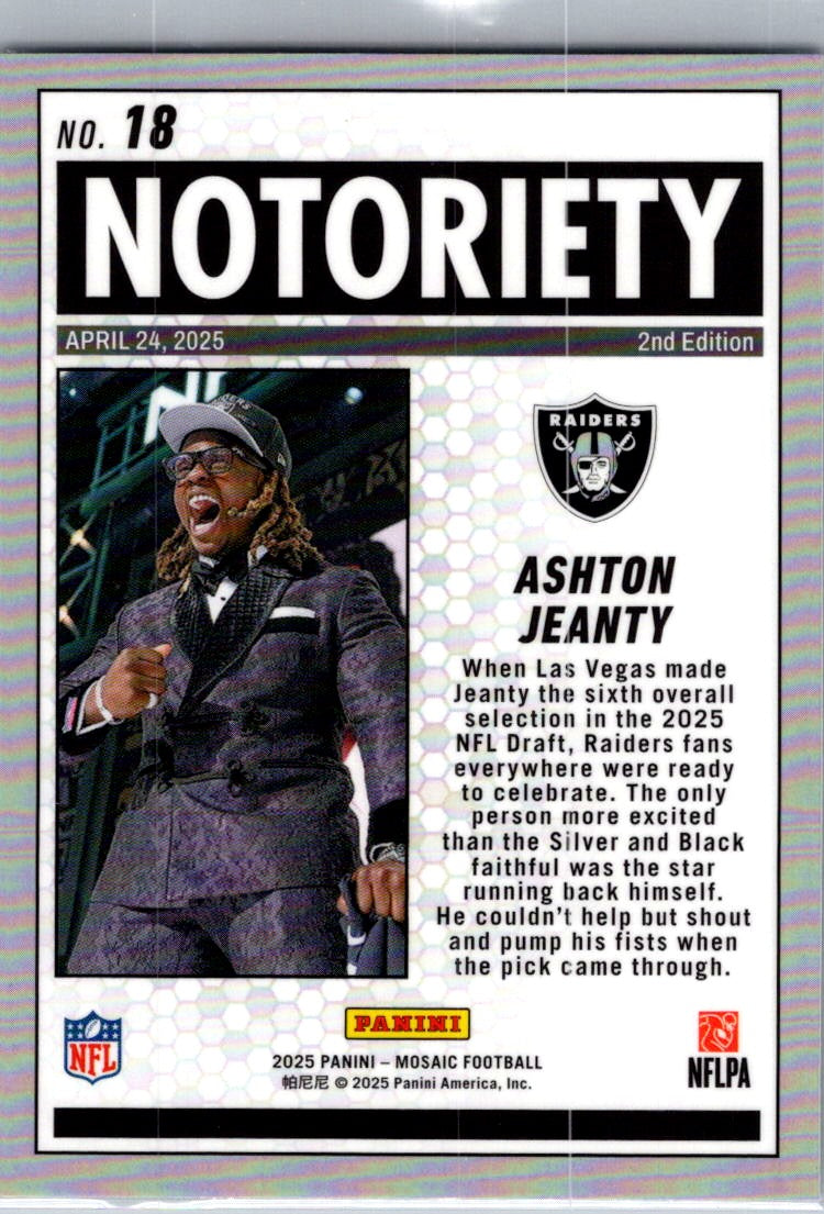2025 Panini Mosaic Football Ashton Jeanty #18 Notoriety RC