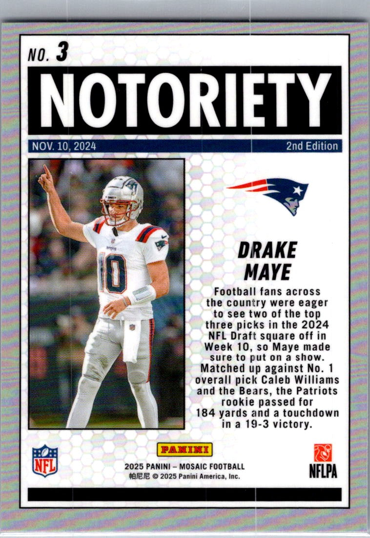 2025 Panini Mosaic Drake Maye #3 Silver Prizm