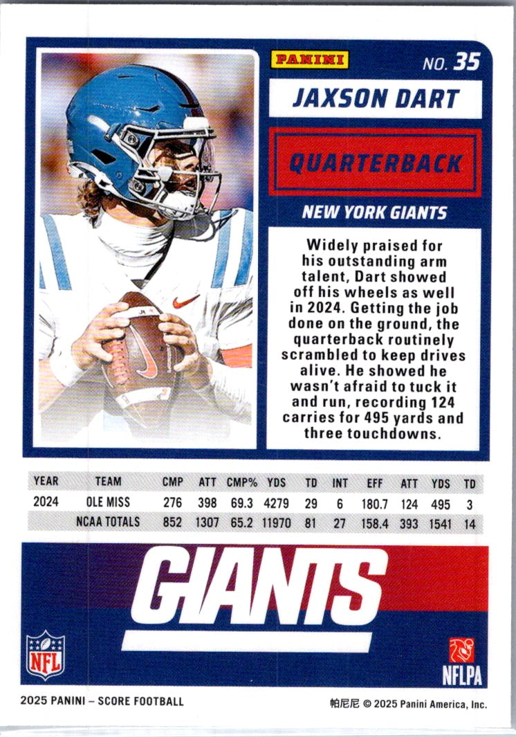 2025 Panini Score Football Jaxson Dart #35 RC