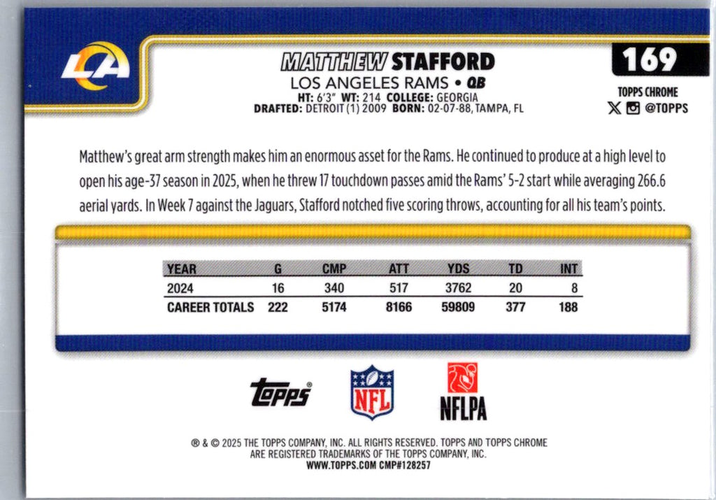 2025 Topps Chrome Matthew Stafford #169