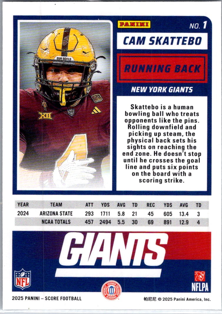 2025 Panini Score Football Cam Skattebo #1 RC