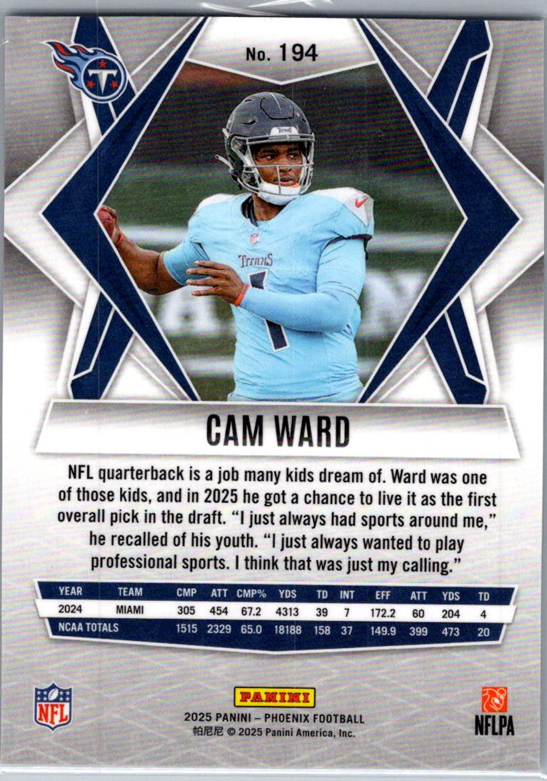 2025 Panini Phoenix Football Cam Ward #194 RC