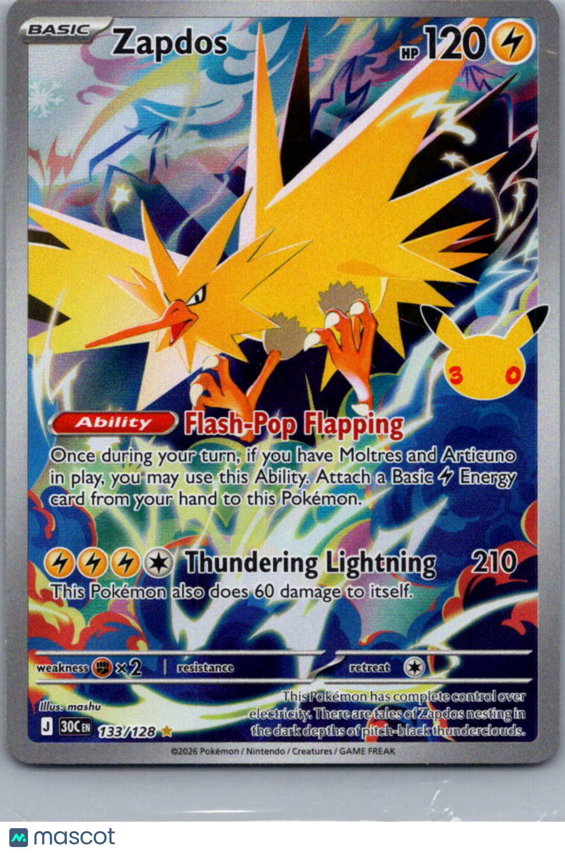 2026 30th Celebration Zapdos Holo Secret Rare FA #133/128