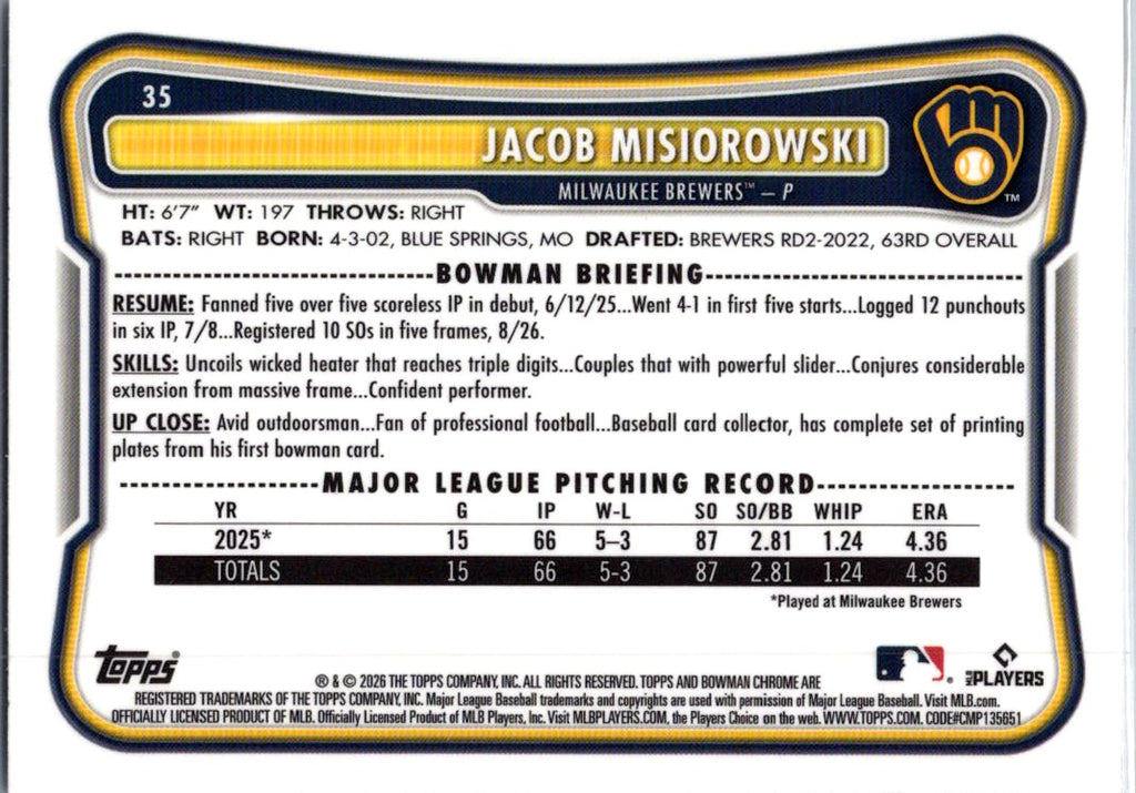 2026 Topps Bowman Chrome Jacob Misiorowski #35 Mojo Refractor RC