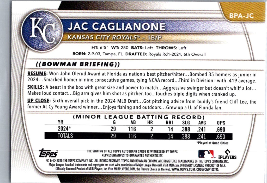 2025 Bowman Jac Caglianone #BPA-JC Auto