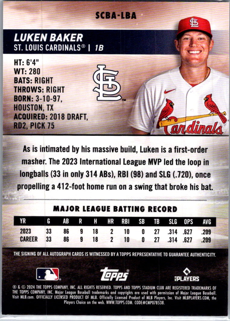 2024 Topps Stadium Club Luken Baker #SCBA-LBA RC Auto