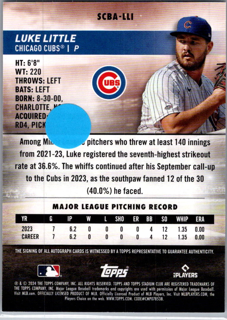 2024 Topps Stadium Club Luke Little #SCBA-LLI RC Auto