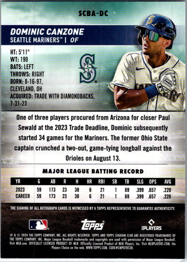2024 Topps Stadium Club Dominic Canzone #SCBA-DC RC Auto