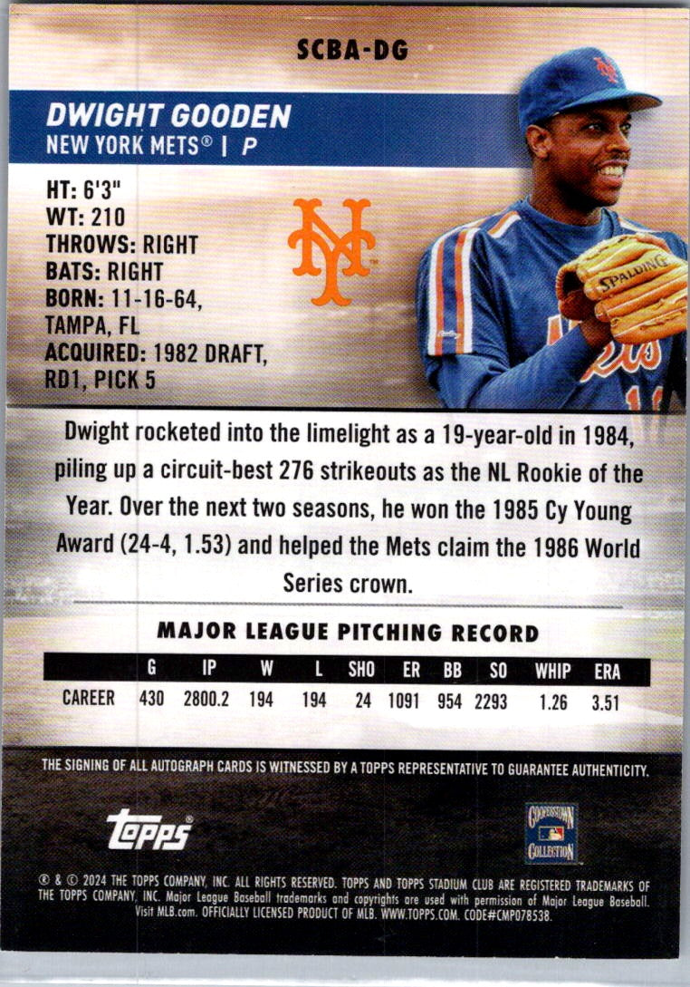 2024 Topps Stadium Club Dwight Gooden #SCBA-DG Auto