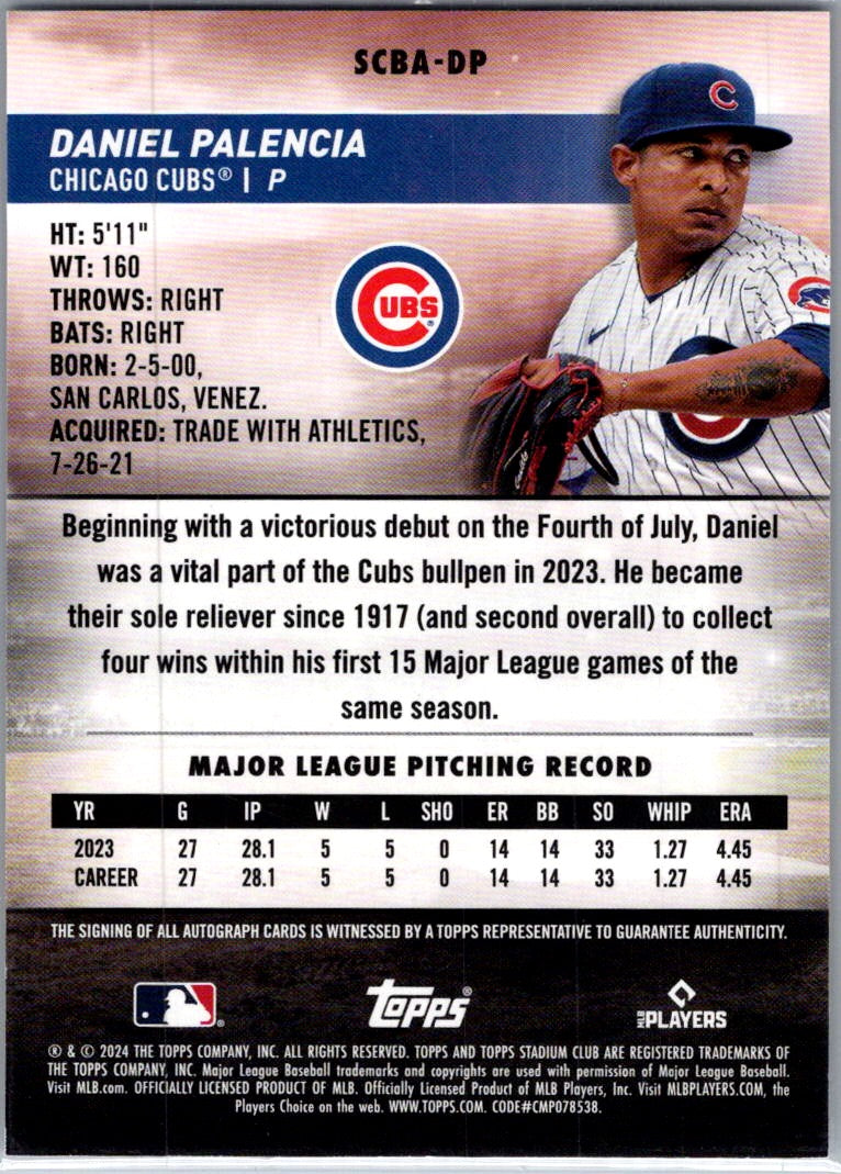 2024 Topps Stadium Club Daniel Palencia #SCBA-DP Auto