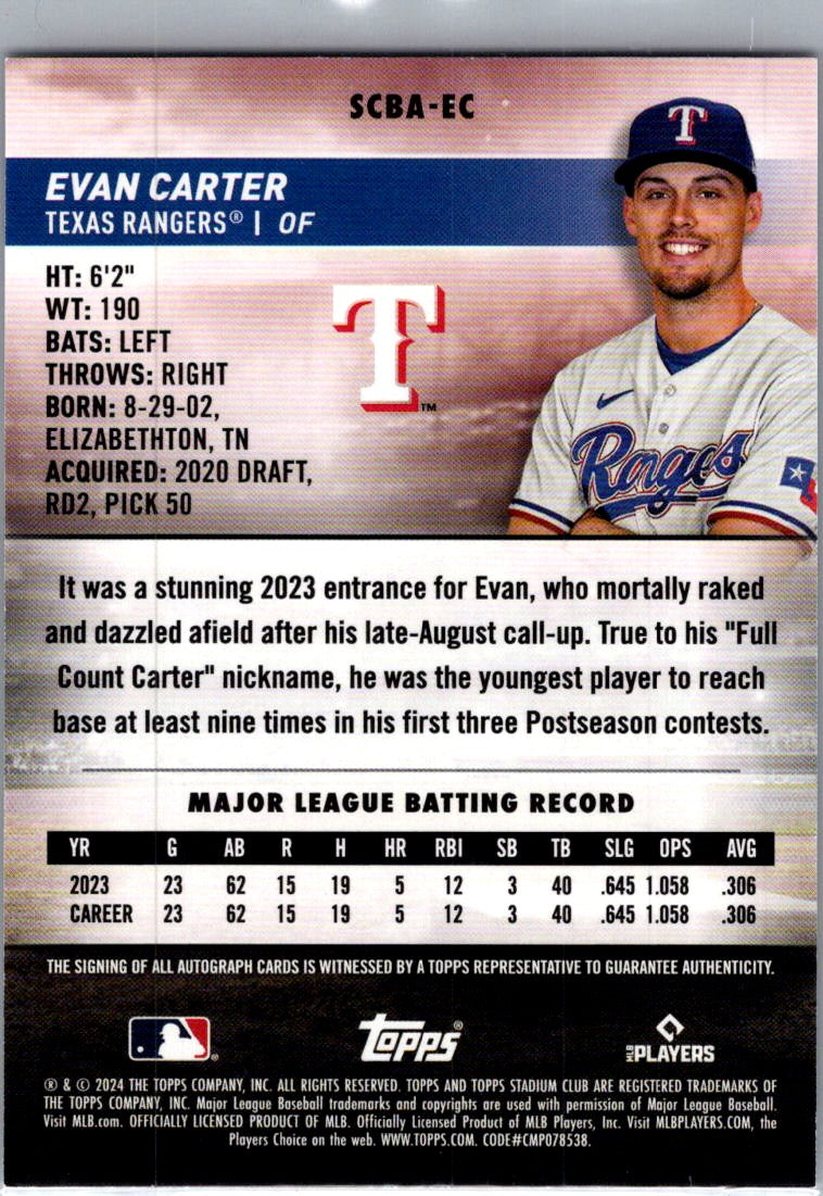 2024 Topps Stadium Club Evan Carter #SCBA-EC RC Auto