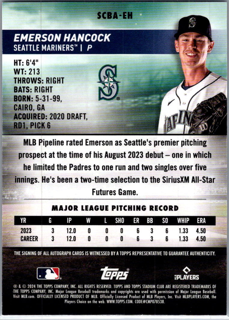 2024 Topps Stadium Club Emerson Hancock #SCBA-EH RC Auto