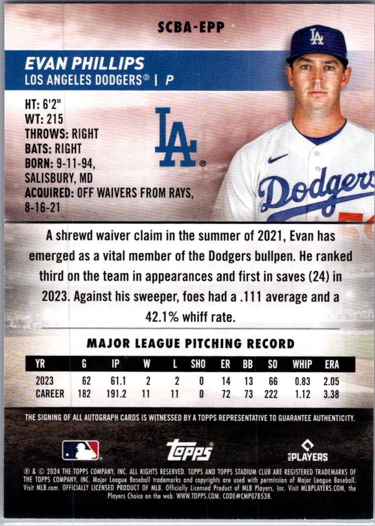 2024 Topps Stadium Club Evan Phillips #SCBA-EPP Auto