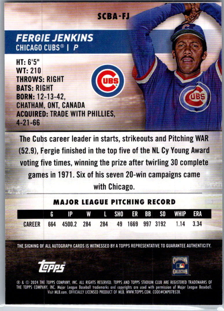 2024 Topps Stadium Club Fergie Jenkins #SCBA-FJ Auto
