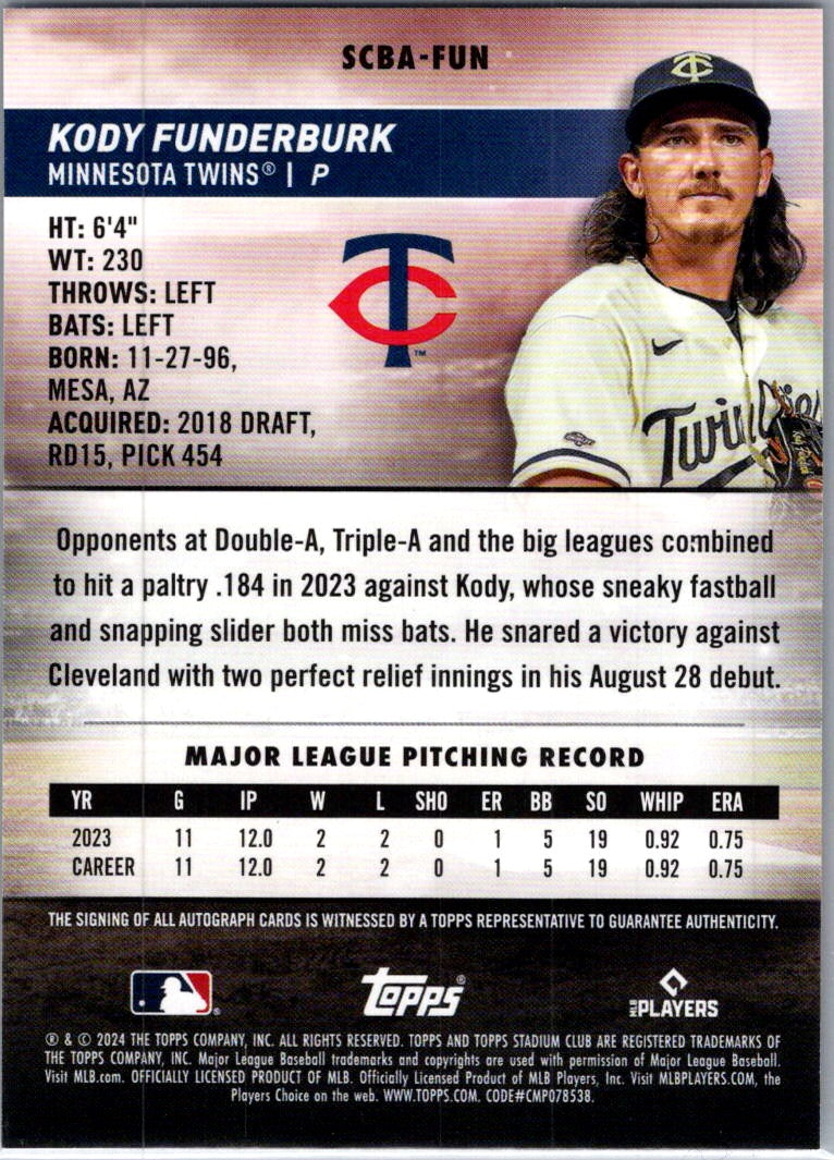 2024 Topps Stadium Club Kody Funderburk #SCBA-FUN RC Auto