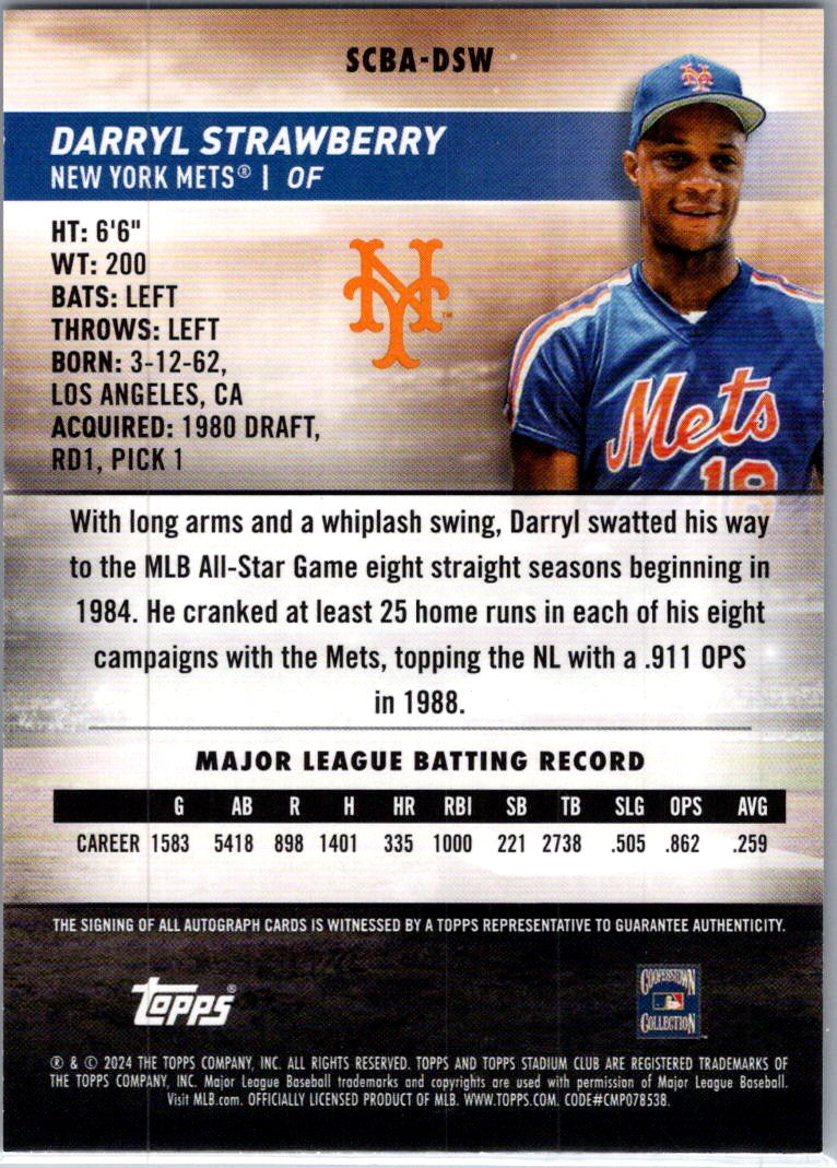2024 Topps Stadium Club Darryl Strawberry #SCBA-DSW Auto