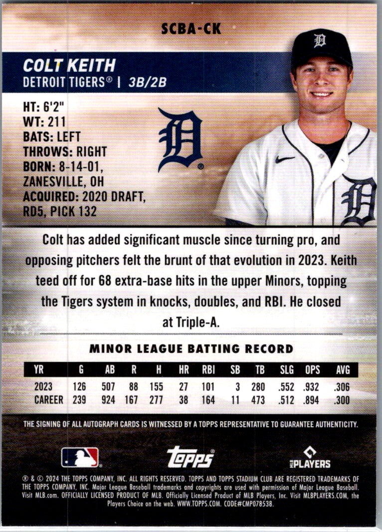 2024 Topps Stadium Club Colt Keith #SCBA-CK RC Auto