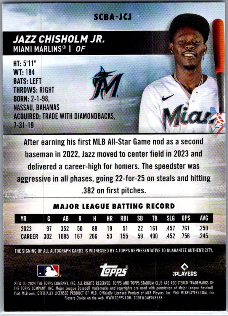 2024 Topps Stadium Club Jazz Chisholm Jr. #SCBA-JCJ Auto